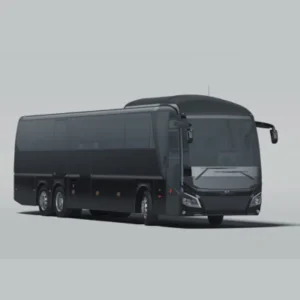 A black bus is driving on the road.